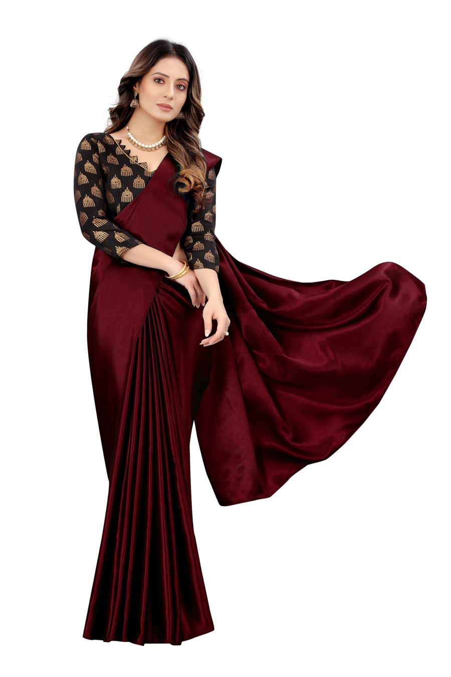 XENILLAWomen's Solid Pattern Satin & Art Silk Saree With Unstitched Printed Blouse Piece | Saree Length -5.5 Mtr, Blouse Length - 0.80 Mtr (1 Saree, 1 Blouse Piece)