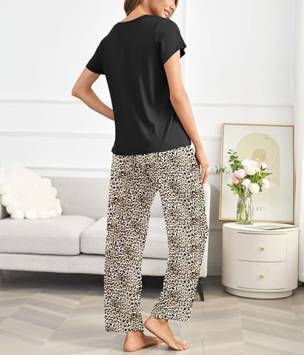 Image of Ekouaer Pajama Sets for Women Round Neck Pjs Short Sleeve Sleepwear with Long Pants Loose Lounge Sets