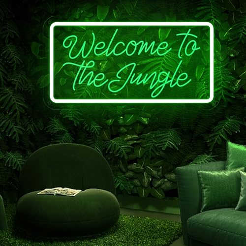 Image of Welcome to the Jungle Neon Sign, Neon Light Sign for Wall Decor Dimmable Green LED signs for Bedroom Home Birthday Party Wedding Engagement Garden Man Cave Decor USB Powered