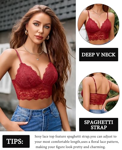 Image of Avidlove Lace Bralettes for Women V Neck Spaghetti Strap Bra Unpadded Tops Sexy Cami Crop Top Going Out Lingerie
