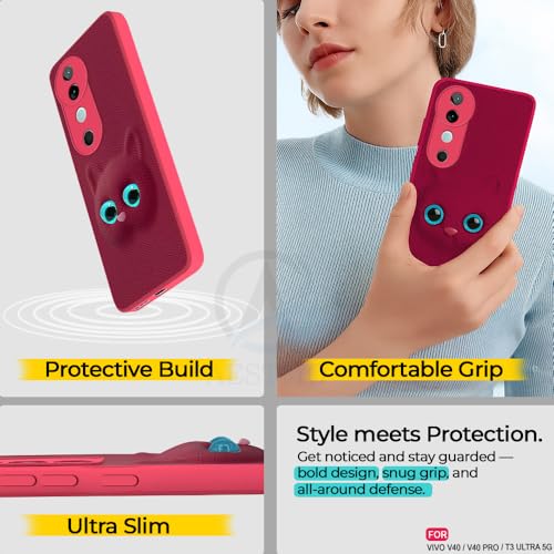 Image of AESTMO Back Case Cover for Vivo V40 / V40 Pro / T3 Ultra 5G Back Cover | 3D Cat Cover | Leather Finish | Full Body Protection | Camera Protection Back Cover (Pink