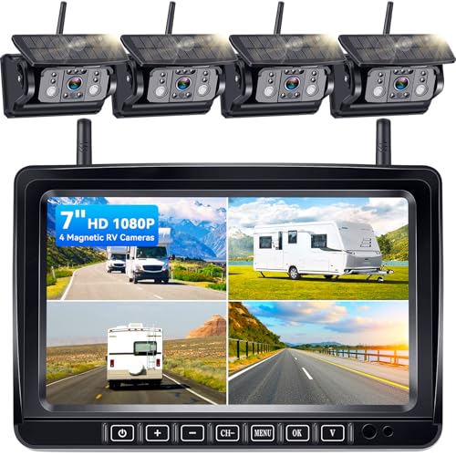 Image of 4 Magnetic Wireless Backup Camera for Trailer: Easy Install HD 1080P RV Camera System with 7 inch Touch Key Recording Monitor, Solar Powered, Long-Lasting, Strong Signal