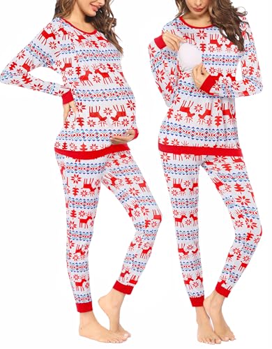 Image of Ekouaer Christmas Pajamas For Women Red Nursing Shirts Elk Printed Tree Pjs Christmas Stripe XL