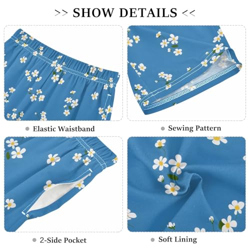 Small White Flowers Sleep Shorts Summer Pajama Shorts Elastic Waist Sleep Bottoms with Pockets 6-14 Years3