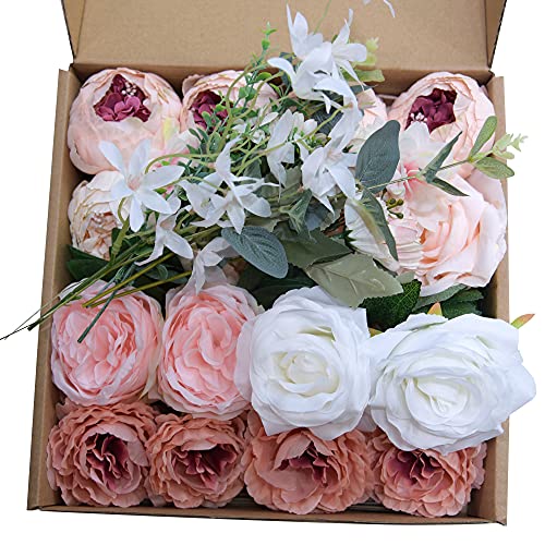 Eternal Angel Artificial Flowers Pink White Fake Rose And Silk Peony With Green Leaves For Diy Wedding Centerpieces Bridal Bouquets Ceremony Party Garland Decoration, 16Pcs #TOP6