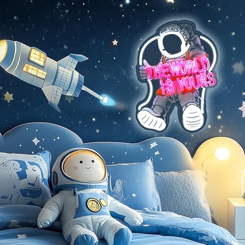 Image of The World Is Yours Neon Signs, 17 Inch Astronaut Neon Light USB Powered for Bedroom Game Room Kids Dimmable LED Word Light Plug and Play