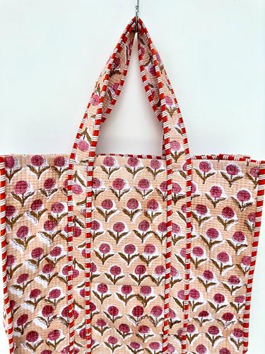 Image of Quilted Cotton Handprinted Reversible Large multicolor Floral Tote Bag,Hand Block Print Shopping Shoulder Carry Bag