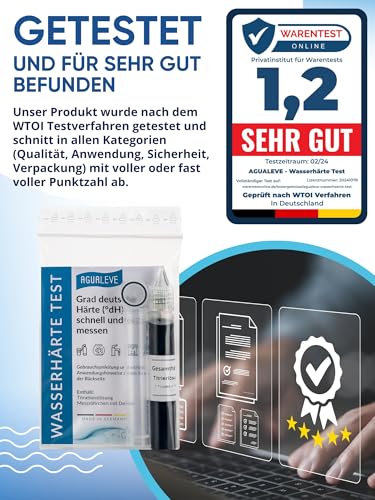AGUALEVE Wasserhärte Test - Die Nr. 1 - Deutsche Grad Härte (°dH) schnell und einfach messen - misst exakt bis 24 °dH - Made in Germany - 25 – 200 Messungen, je nach Härte - 1x 15ml
