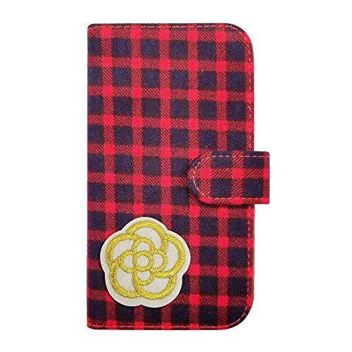 sslink iPhone 17Pro アイフォン17プロ 対応 手帳型 ケース カメリア(ホワイト×ゴールド) デコ かわいい おしゃれ ワッペン 刺繍 キラキラ (チェック01) チェック柄 千鳥柄 ファブリック 布 生地 PUレザー 合皮 ダイアリー