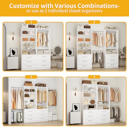 Image of Closet System with 6 Drawers, Wood Closet Organizer System, Walk-in Closet or Small Closet System with Shelves, Modular Closet Systems with 3 Expandable Hanging Rods, 2 Sets, White (4FT)