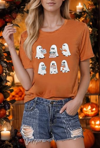 Halloween Teacher Shirts for Women Reading Books T-Shirt Funny Teacher Librarian Halloween Party Tee Tops3