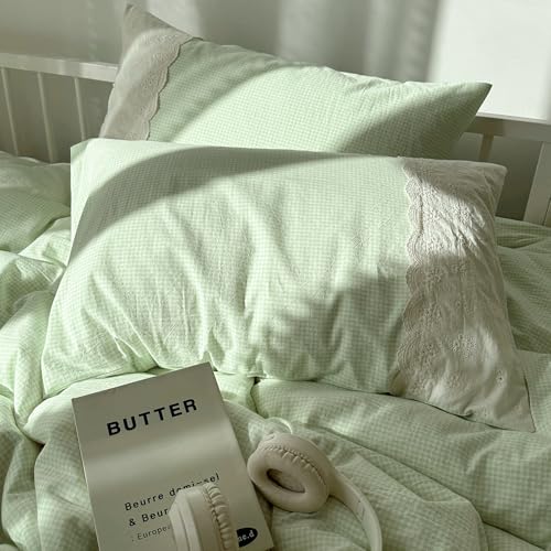 Image of VM VOUGEMARKET Green Gingham Grid Duvet Cover Queen 3 Pieces White Lace Duvet Cover with 2 Pillowcases Green Plaid Comforter Cover Romantic Cozy Bedding Set for Girls