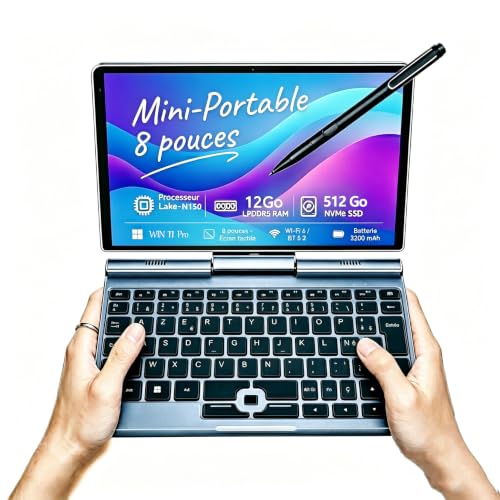 Mini Ordinateur Portable 2 en 1, écran Tactile Rotatif HD, Prend en Charge l'écriture Manuscrite Windows 11 Pro, Petit Ordinateur Portable, N150, 12 Go RAM,...
