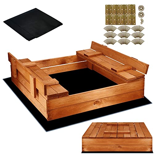SPRINGOS Bac à Sable pour Enfants en Bois Couverture 2 bancs 94 x 98 cm imprégnés