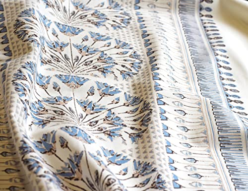 Image of Tranquebar Curtain Co. Cotton Curtains 7 Feet Long Set of 2, 60-65% Room Darkening, Blue Geometric Floral Print, Door Curtains 7 Feet Set of 2, BackTabs, Gami (213 cm) - Set of 2