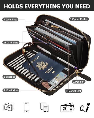 Image of Large Wallet for Women, Clutch Wallet with Passport Holder | RFID Wallet for Women, Zipper Clutch Purse, Passport Holder for Travel, Multiple Card Slots, Phone Pocket, Wristlet Strap