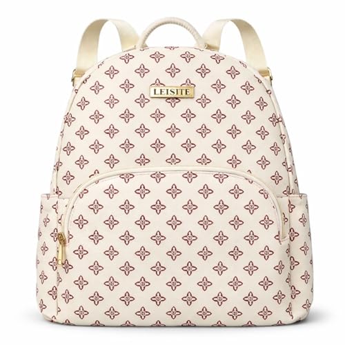 Mochila Feminina Urbana Grande para Notebook 15.6 Polegadas em Couro Sintético Impermeável com Estampa Monograma Ideal para Faculdade Dia a Dia (Off-White)