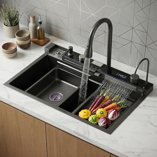 Image of EVANEX Kitchen Sink 30 inchx18 inchx9 inch Inch Piano Kitchen Sink Multifuctional LED Pannel & Digital Display 304 Grade Stainless Steel Black Finish with Integrated & Pull Down Faucet