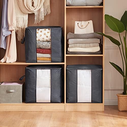 Lifewit Clothes Storage Bag 90L Large Capacity Organizer with Reinforced Handle Thick Fabric for Comforters, Blankets, Bedding, Foldable with Sturdy Zipper, Clear Window, 3 Pack, Grey