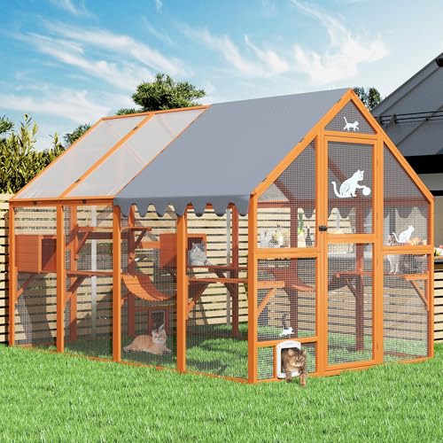 COZIWOW 110" Large Catio Outdoor Cat Enclosure, 53.5ft² Cat Run for Multiple Pets with Fully-Coverd Roof, Window Walk-in Wooden Outside Cattery Feral Kitty House (Fashion Orange)