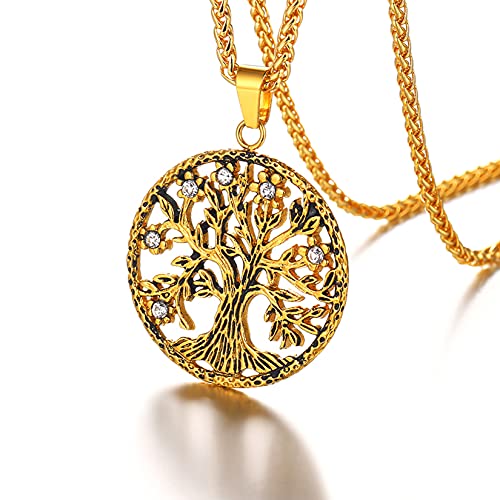 U7 Tree Of Life Necklace 18K Gold Plated Enamel Black Rhinestone Shiny Family Branch Tree Leaf Pendant Necklace For Men Women #TOP1