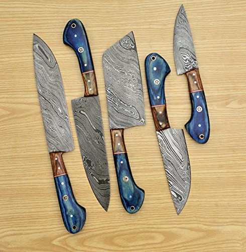 Handmade 5 Pieces Set, Knife Hand Forged Chef Knives Kitchen Set Damascus Steel Knives Gift Item For Her,Fine Tool Professional Chef Knives Set Vegetable Meat Cooking Knife With Blue Solid Wood Handle #TOP5