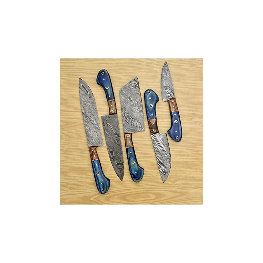Handmade 5 Pieces Set, Knife Hand Forged Kitchen Set Damascus Steel Knives Gift Item for Her,Fine Tool Professional Chef Knives Set Vegetable Meat Cooking Knife with BLUE Solid Wood Handle