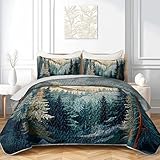 AILONEN King Bedspread Coverlet,Mountain Forest Pine Tree Textured Landscape Blue Green Bedding Quilt,2 Pillowcases,Lightweight Microfiber