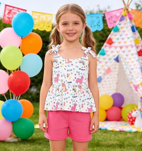 Image of Toddler Girls Clothes Summer Short Set Outfit Tie Knot Shoulder Sleeveless Ruffle Tops and Shorts 2PC Clothing Set