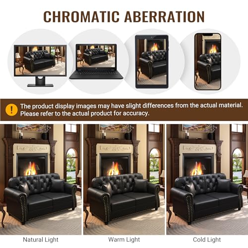 Image of KEIKI 63 inch Faux Leather Chesterfield Sofa with Rolled Arms & Nailhead Trim, Modern Style 2-Seater Button Tufted Couch with High Resilience Cushion & 2 Pillow, Easy Assembly, for Living Room, Black