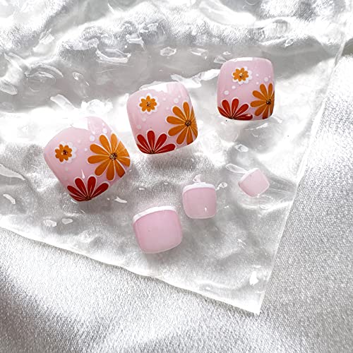 24Pcs Press On Toenails For Women, French Tip Fake Toenails Full Cover Nude Glue On Toenails With Orange Daisy Design Cute Short Acrylic False Toenails Spring Summer Holiday Toenails Decorations #TOP3