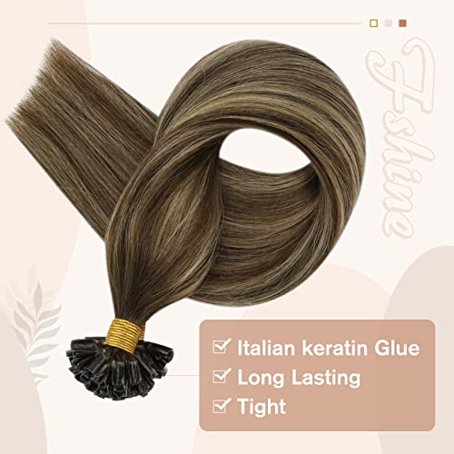 Fshine Keratin U Tip Hair Extensions Balayage Chocolate Brown Mixed Caramel Blonde 14 Inch Bondings Extensions Keratin Real Hair Extensions 40G 0.8G/S Hot Fusion 100% Human Hair Extensions #TOP3