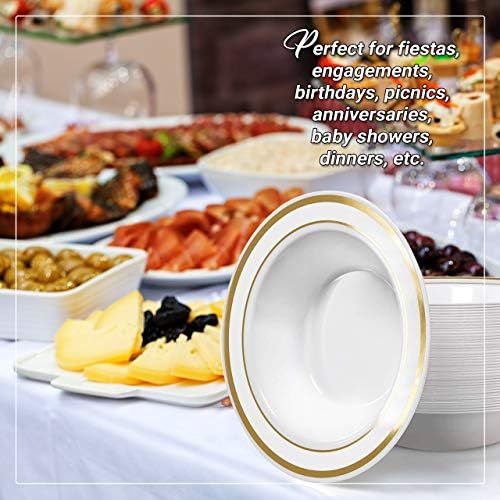 MATANA - Pack of 25 Premium Multi-Use Plastic Party Serving Bowls, White with Gold Rims, 19cm - Dessert, Ice Cream Bowl for Parties & Gatherings