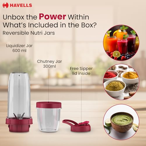 Image of Havells Nutri Power Blender 350 W Mixer Grinder| 1 Speed Switch| Leak Free Sipper Lid| Air Vent Technology| Stainless Steel Blade| 2Yrs Manufacturer Warranty (Pink)