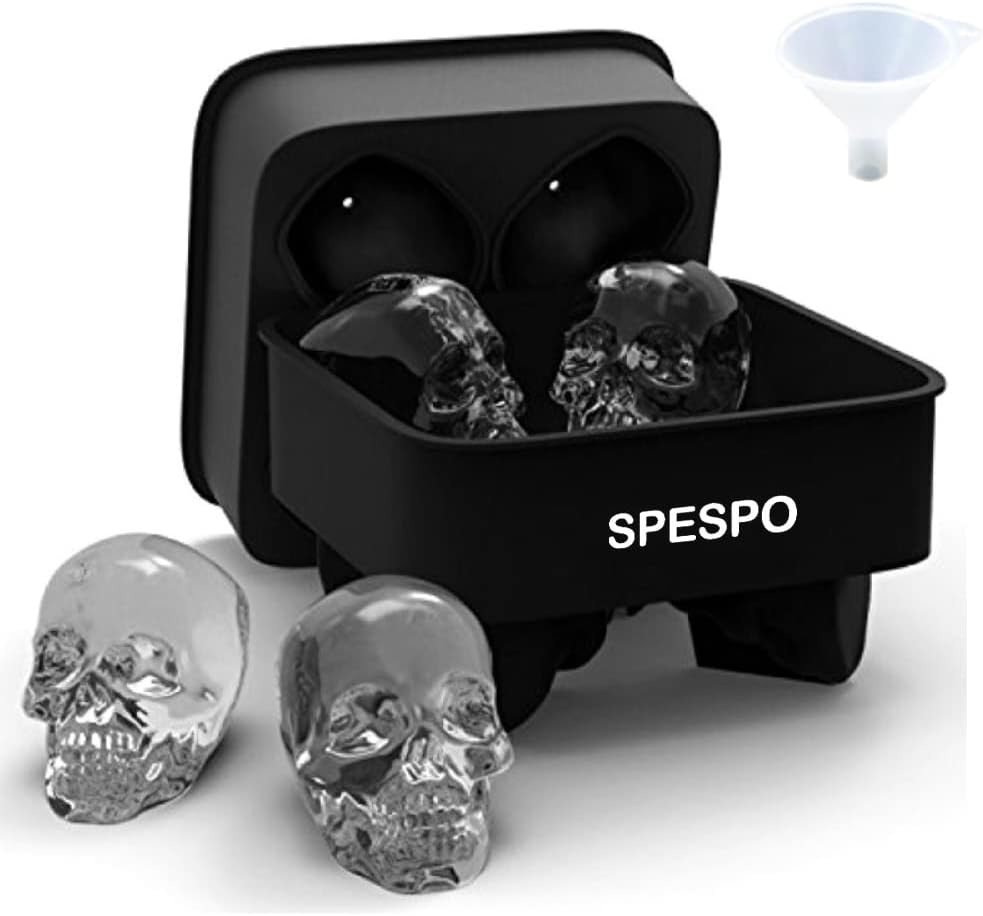 3D Skull Ice Cube Tray with Lid,Spespo Silicone Ice Cube Moulds Maker,Freezer Tray for Gin Glasses, Whiskey, Scotch, Cocktail and Liqueur Glasses-Black