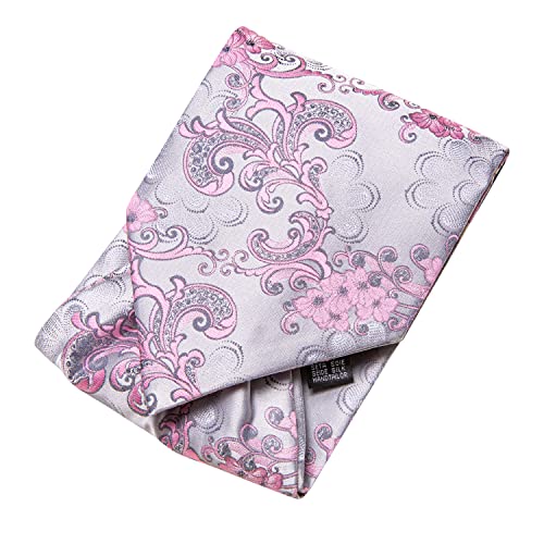 Hi-Tie Sliver Pink Flower Cravats Mens Wedding Ascot Lapel Floral Handkerchief Cufflinks Scarf Formal Tuxedo Prom #TOP3