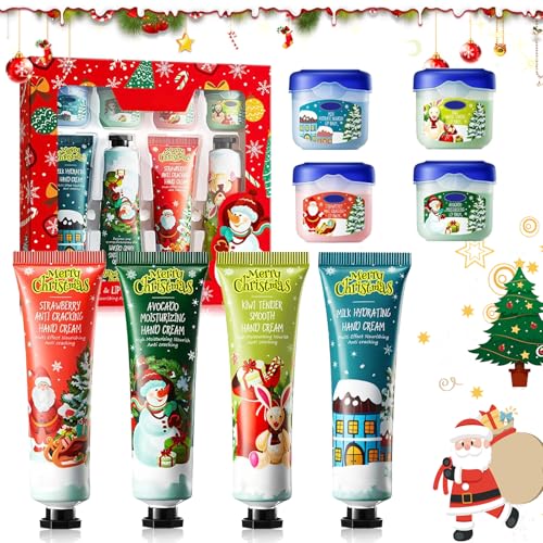 Crema de Manos Navideña Set, 4 Mini Cremas de Manos + 4 Bálsamos Labiales, Crema Hidratante de Invierno para Manos y Pies para Piel Seca y Agrietada, Crema Perfumada para Manos