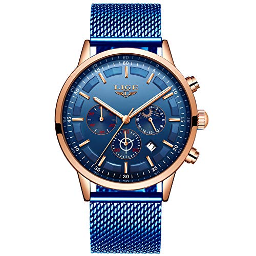 Preisvergleich Produktbild LIGE Herren Uhren Wasserdicht Chronograph Analog Quarz Mondphase Kalender Blau Edelstahl Armbanduhren für Herren