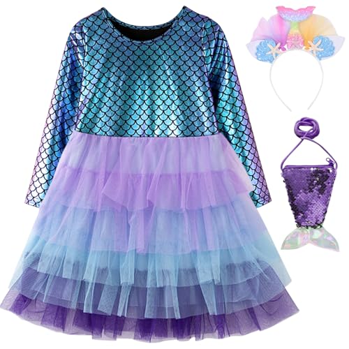 Vestido Princesa Niña, Disfraz Niña Sirena, Vestido Manga Larga con Cinta para el Pelo y Bandolera, Tul Color Tutú Infantil, Vestido Princesa Niña 2-6 años