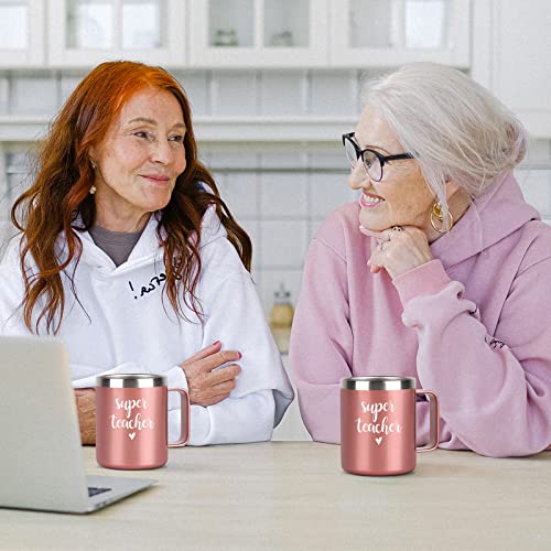Super Teacher Insulated Coffee Mug With Handle, Christmas Birthday Appreciation Teacher’s Day Thank You Gifts For Teacher Tutor Professor Women, 12Oz Stainless Steel Travel Mug Tumbler Cup, Rose Gold #TOP1