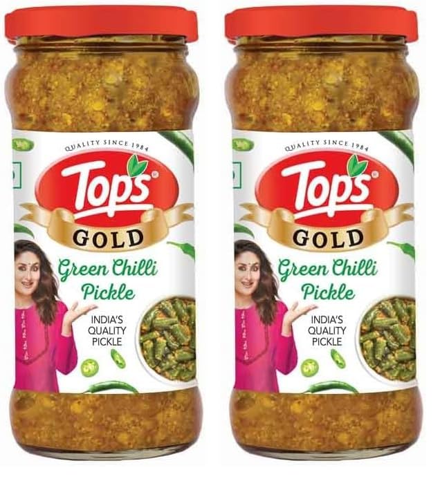 Image of TOPS Pickle Green Chilli -375 gm Glass Bottle|Prepared with the goodness of Mustard Oil | No artificial colours (Pack of 2)