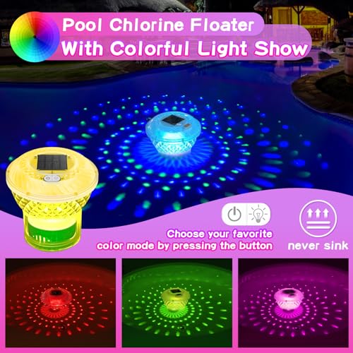 Image of Solar Pool Chlorine Floater,Chlorine Floater with Colorful Lights,Button Control Floating Pool Chlorines Dispenser,Adjustable Release & Easy Opening,Solar chlorines floaters for Hot Tub,Blue