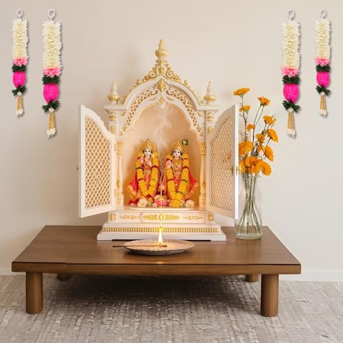 Image of Akaar Decor Lotus Hanging Gajra Set of 8 (10 Inch) | Off-White Floral Wall Hangings | Diwali Backdrop, Temple & Pooja Room Decor