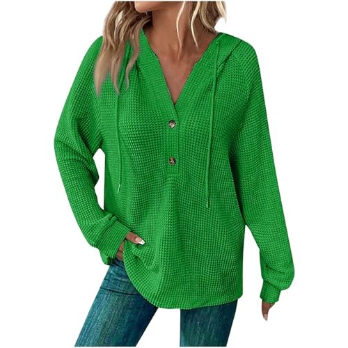 Waffle Knit Tops for Women Long Sleeve Women's Oversized Pullover Hoodie Fall Hoodies Fashion 2025 Trendy, with Hood V Neck Loose Fit Hooded Sweatshirts Outfits Green XL
