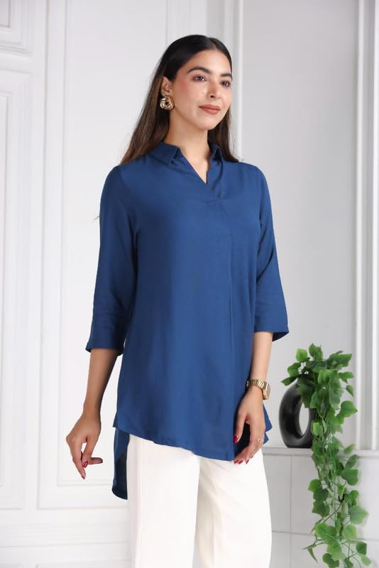 Image of Mlada Rayon Flare Top for Women | 3 /4th Sleeve Regular Fit and Flare Top | Women Office Tops Tunic | Western Long Shirt Top for Women | Shirt Collar Top for Women | Rayon Tunic Tops for Women Western