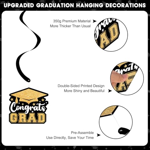 Image of 20 Pack Graduation Party Decorations 2026 - Congrats Grad Hanging Decoration, Black Gold Glittery Graduations Hanging Swirls Ceiling Streamers Ornaments for Class of 2026 Graduation Decorations Favors