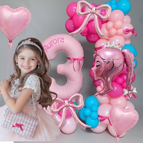 Image of Princess Pink Foil Balloon Set - 5pcs Pink Bow Balloons, Crown Girl Doll Foil, and Heart Balloons For Makeup, Girl Birthday, Tea Party, Coquette Photo Booth, Ballerina Backdrop