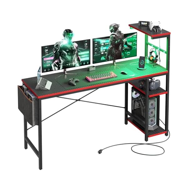 Bestier Gaming Desk with Power Outlets, 61 Inch Large Led Gamer Desk with 4 Tiers Reversible Shelves, PC Gaming Table with Headset Hook & Side Storage Bag for Bedroom (Black 3D Carbon Fiber)