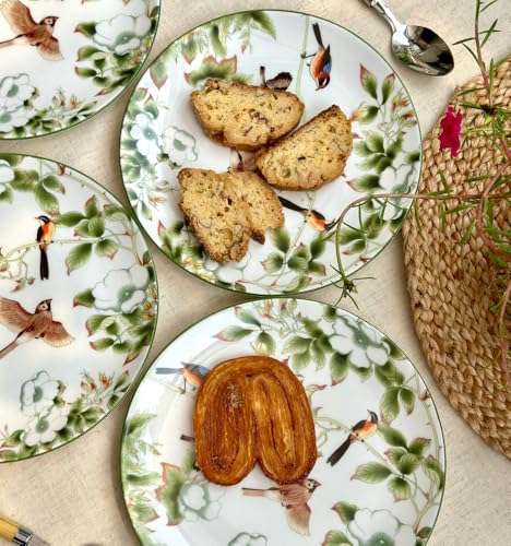 Image of GOLDEN QUEEN'S Snack Plates Set of 4 | Perfect for Snacks, Desserts, Appetizers, Salads, Tapas, Cheese | 7 inches Wide | Microwave Safe (Birds & Green Floral)