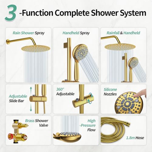Image of SR SUN RISE 12 inch Shower Faucet Set with Shower Slide Bar,Brushed Gold